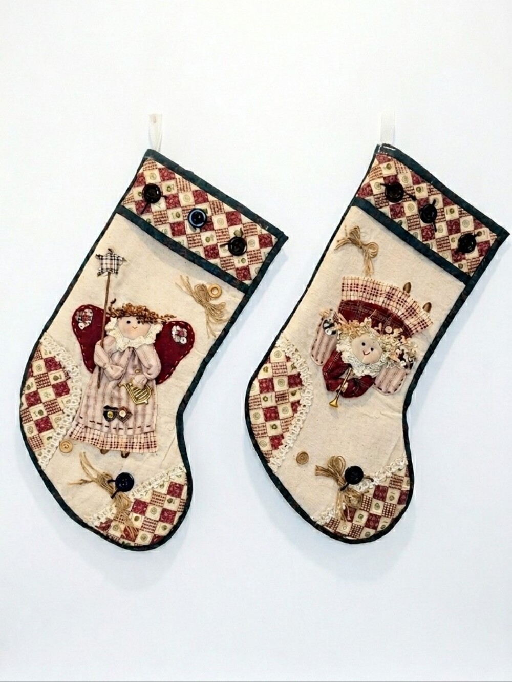 Vintage Handmade Christmas Stockings Set Of 2 Quilted Style Angel Applique